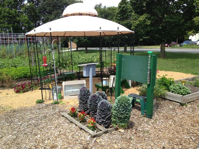 Decorative Cabbage and Peppers planted in a Pallet Bed by Gazebo in Tippecanoe-County-Extension Master-Gardeners' Show and Idea Gardens